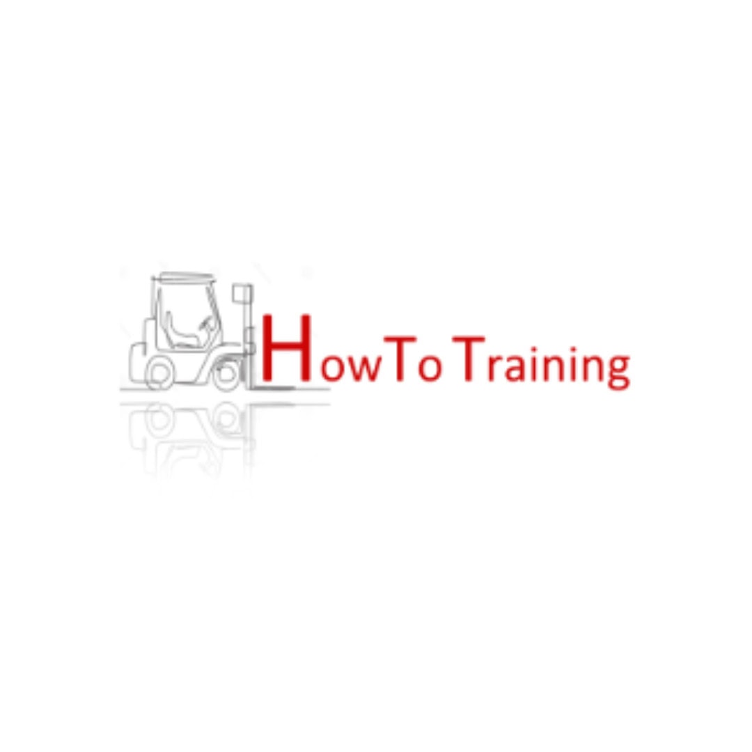 Forklift truck illustration with "HowTo Training" text, grey and red colours, logo for business training and logistics expertise.
