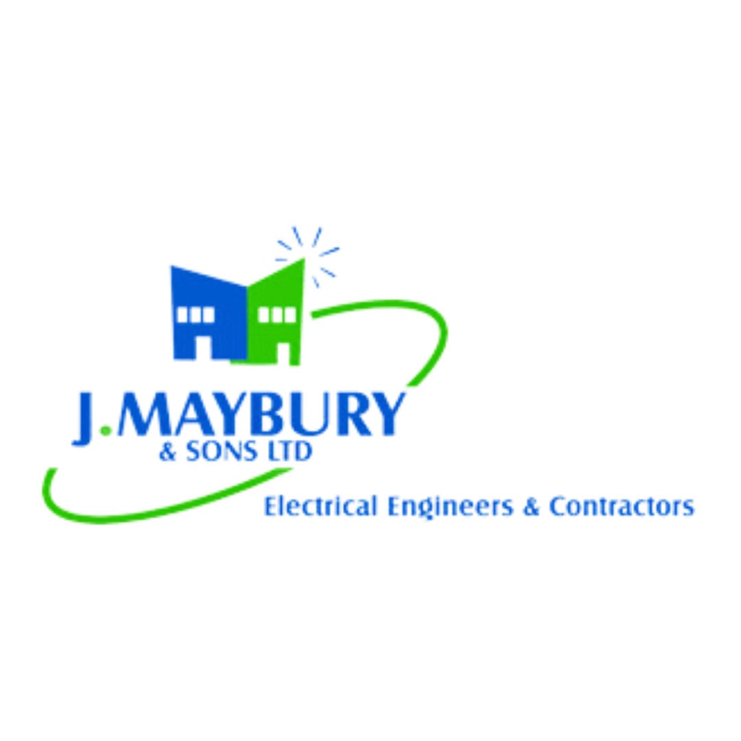 Electrical engineers and contractors logo, J. Maybury & Sons Ltd, with modern house design, for reliable electrical services in UK.
