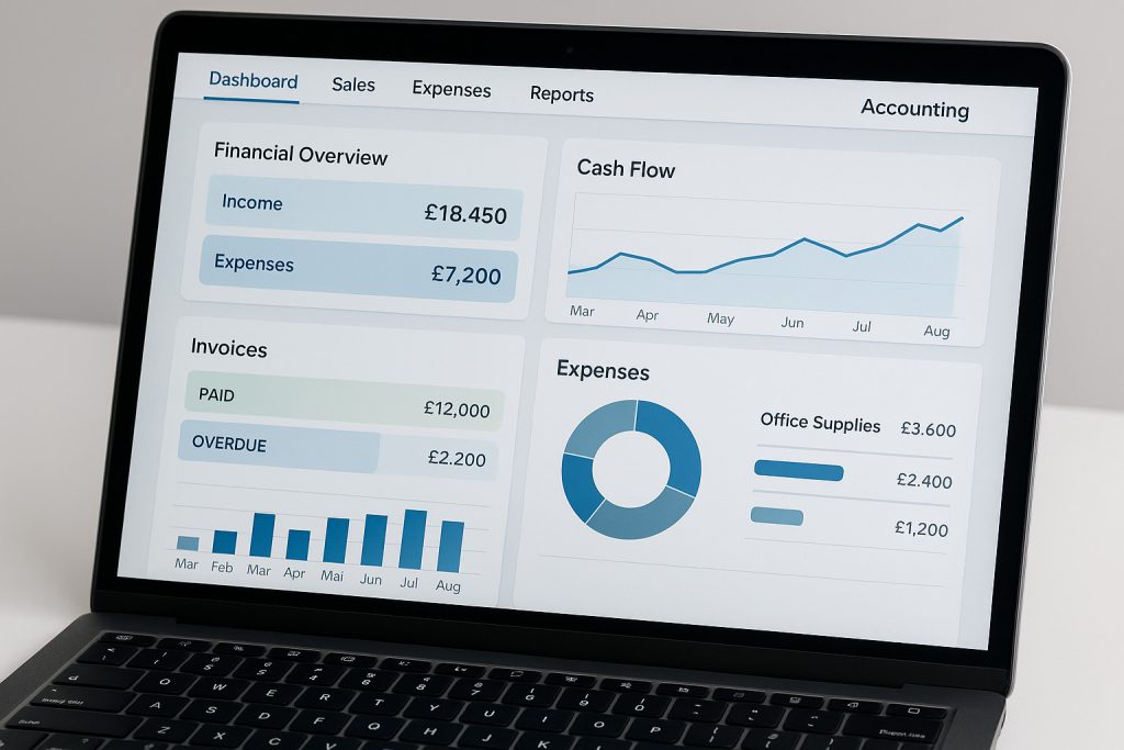 Revenue management software display showing financial overview, cash flow, invoices, and expenses for small business accounting. Suitable for accountants and finance professionals.