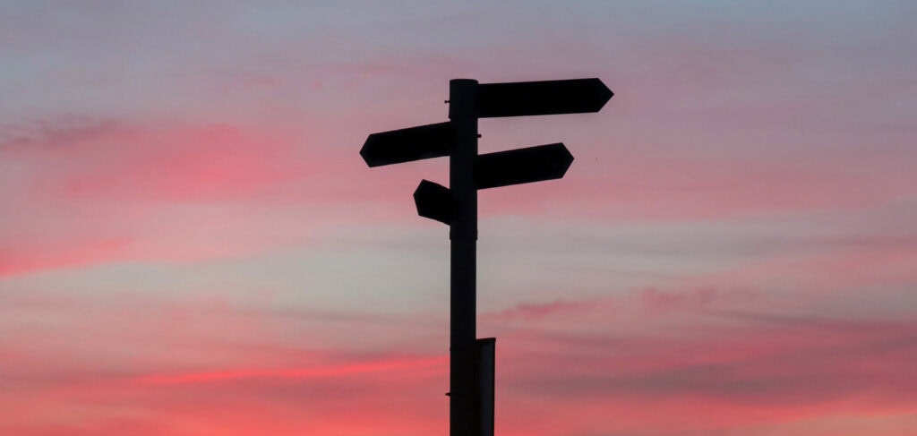 Signposts at sunset