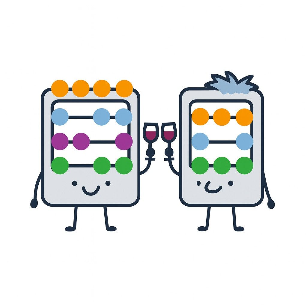 Colourful illustrated tablets clinking glasses of wine, symbolising financial harmony and partnership in business, ideal for representing accounting or financial consulting services.