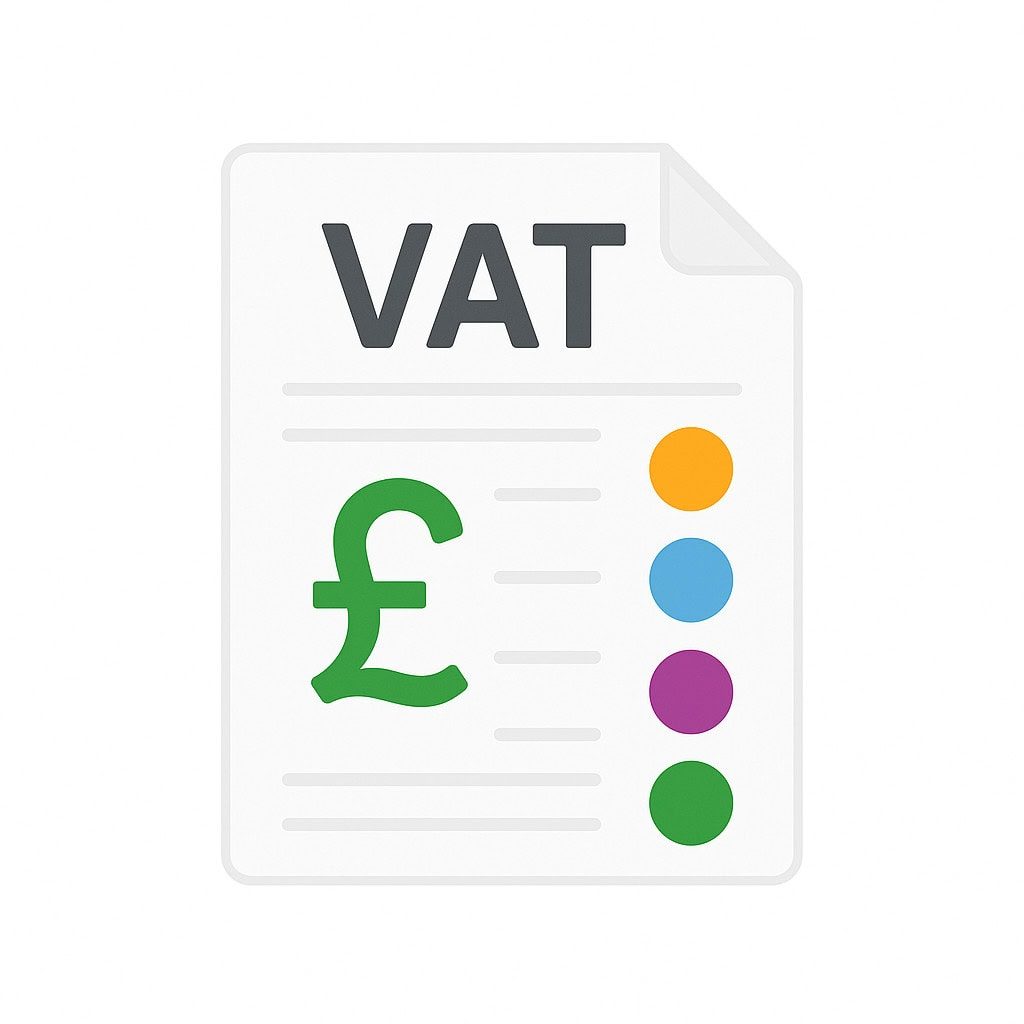 VAT invoice document with UK currency symbol and colourful circles, representing accounting and tax services.