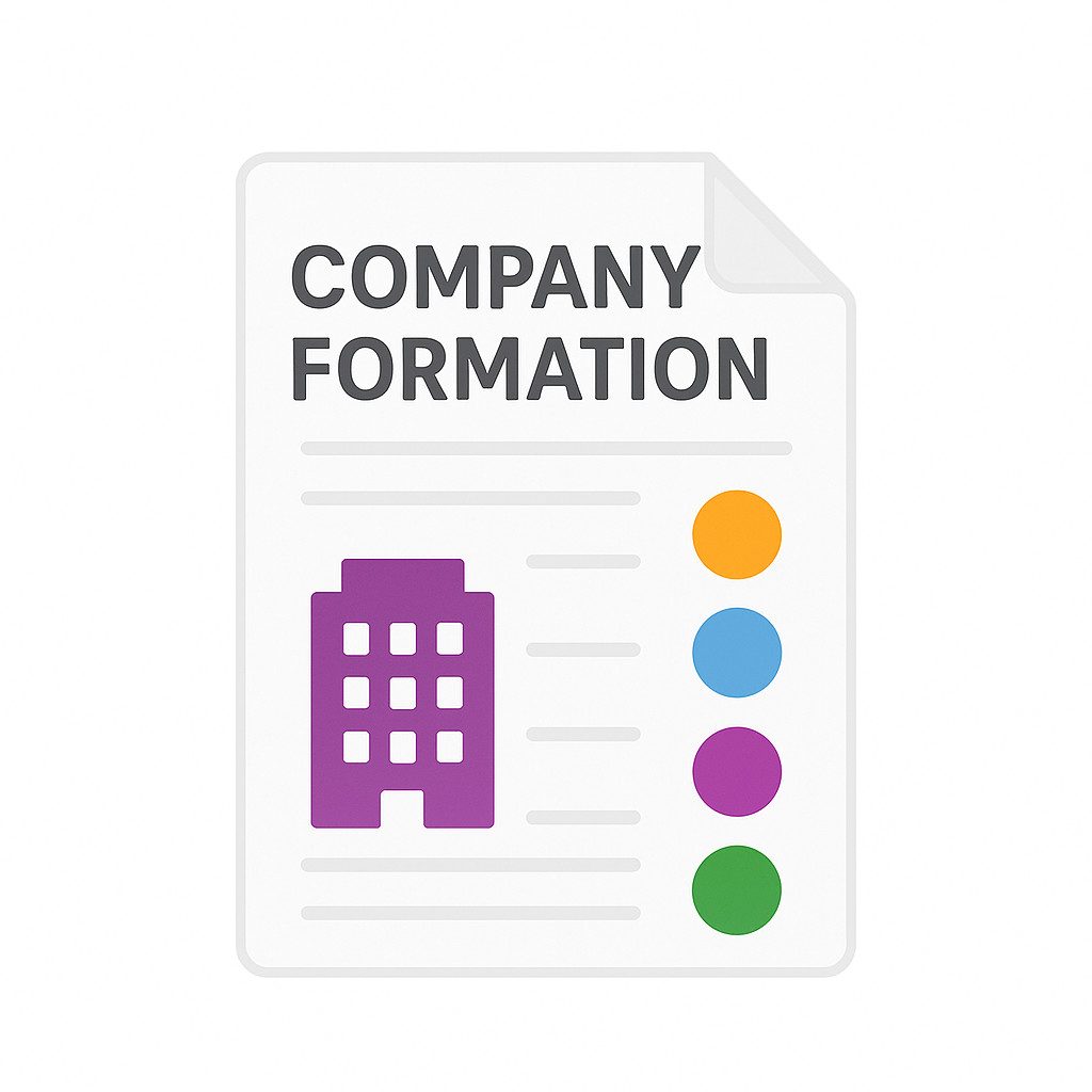 Company formation document with a purple building icon and coloured status circles, representing business start-up services by GMS Accountants.