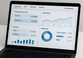 Revenue management software display showing financial overview, cash flow, invoices, and expenses for small business accounting. Suitable for accountants and finance professionals.
