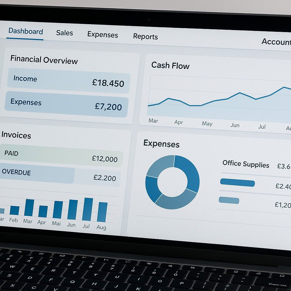 Revenue management software display showing financial overview, cash flow, invoices, and expenses for small business accounting. Suitable for accountants and finance professionals.